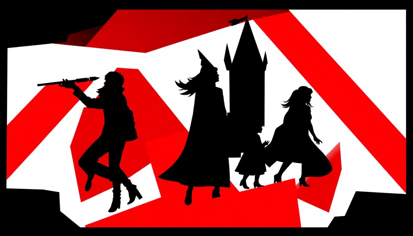 A bold, abstract illustration featuring stark black silhouettes of wizarding wands and magical symbols against a high-contrast red and white background, conceptually representing the fantastical world of 'Wizards Beyond Waverly Place'.