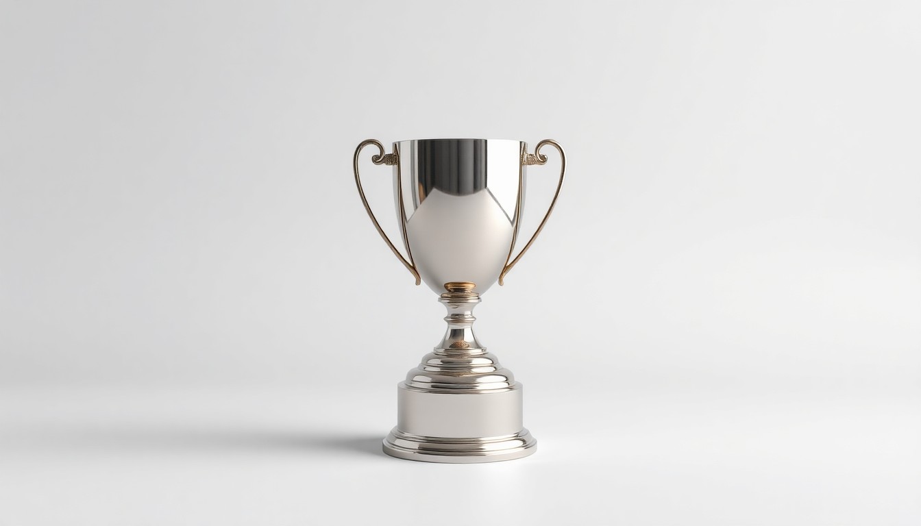 A highly detailed, photorealistic studio photograph of a shiny metal trophy or award sitting alone on a plain, white background, conveying a sense of prestige and recognition for the credit union's accomplishments.