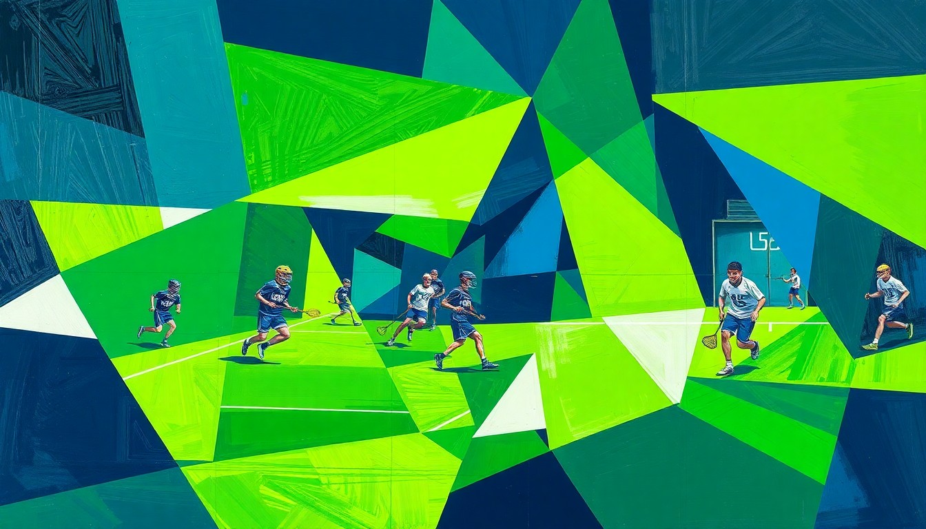A cubist, geometric painting depicting a boys lacrosse game, with sharp planes of green, blue, and white representing the players and action on the field.
