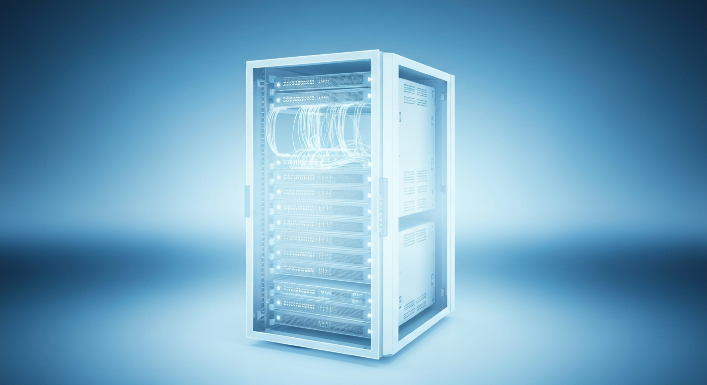 A translucent X-ray image revealing the internal components of a computer server rack, conceptually representing the technological infrastructure behind Insight Health's administrative automation solutions for the healthcare sector.