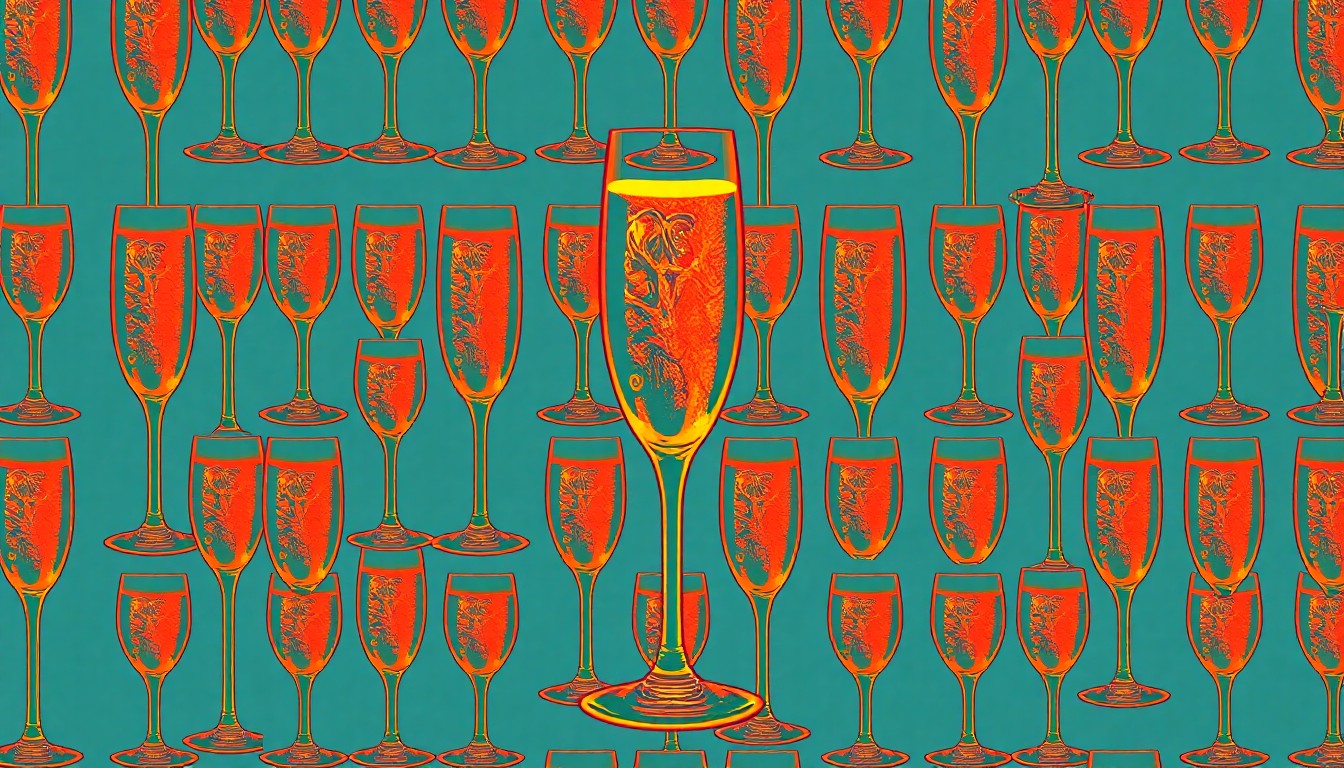 A bold, colorful silkscreen-style illustration featuring a repeating pattern of a vintage champagne flute in vibrant neon hues, conceptually representing the 1920s-inspired cocktails and elegant ambiance of Agecroft Hall's centennial celebration.