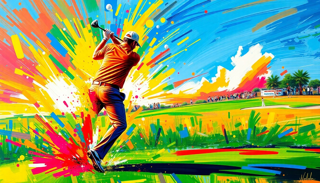 An abstract, expressionist painting in neon colors depicting the dynamic motion and energy of a golfer's swing, capturing the drama and excitement of the final holes of a PGA Tour event.