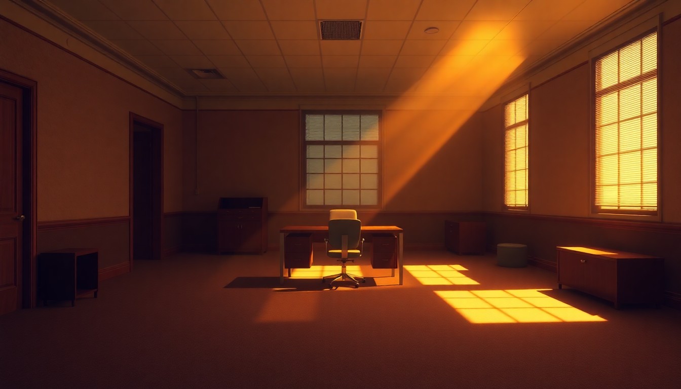 A dimly lit, cinematic painting of an empty government office with a single desk and chair in the center, bathed in warm, diagonal sunlight and deep shadows, conveying a sense of solitude and transition.