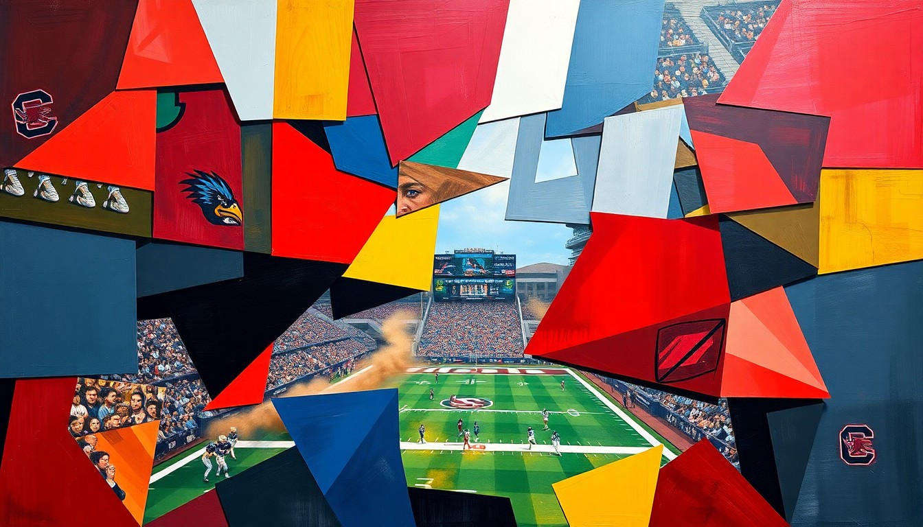 A cubist, geometric painting depicting a football game or match, with sharp, overlapping planes in the official colors of the South Carolina Gamecocks.