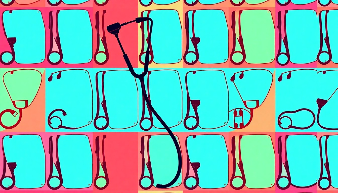 A brightly colored, high-contrast silkscreen print of a veterinary stethoscope repeated in a tight grid pattern, conceptually representing the growing accessibility of financing solutions for pet medical expenses.