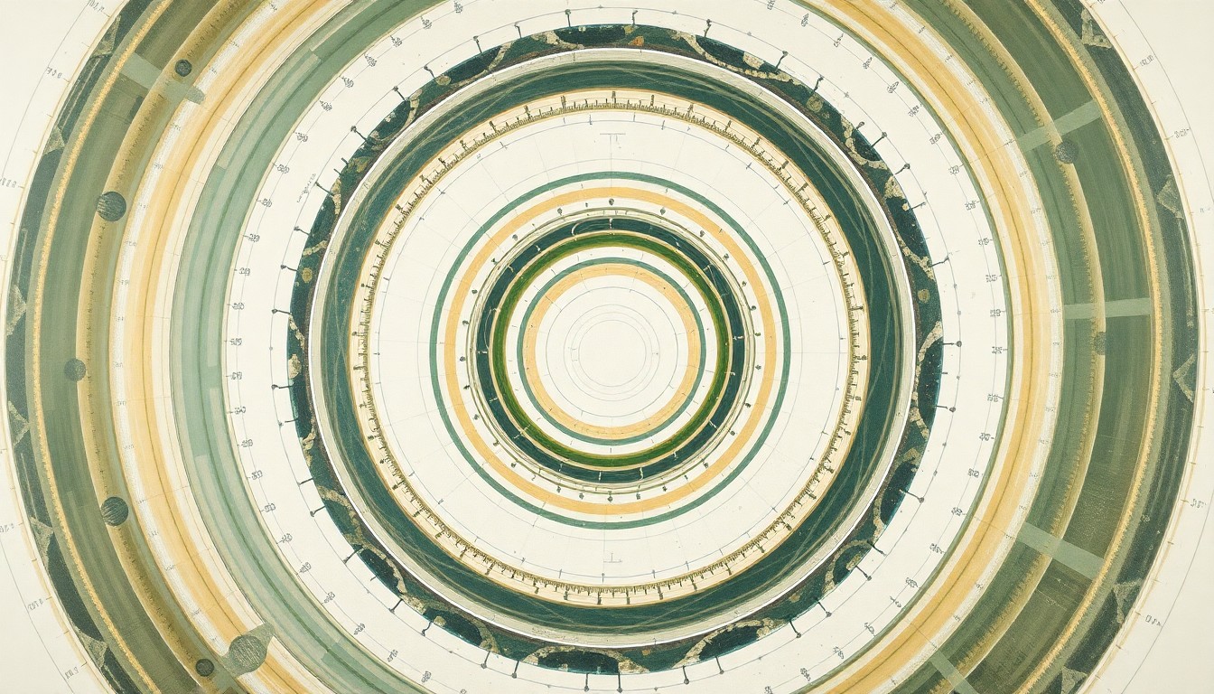 A highly abstract, geometric painting in muted earth tones of green, brown, and blue, depicting sweeping arcs, concentric circles, and intricate spirals that evoke the complex mathematical and physical forces underlying the development of quantum computing algorithms designed to crack encryption.