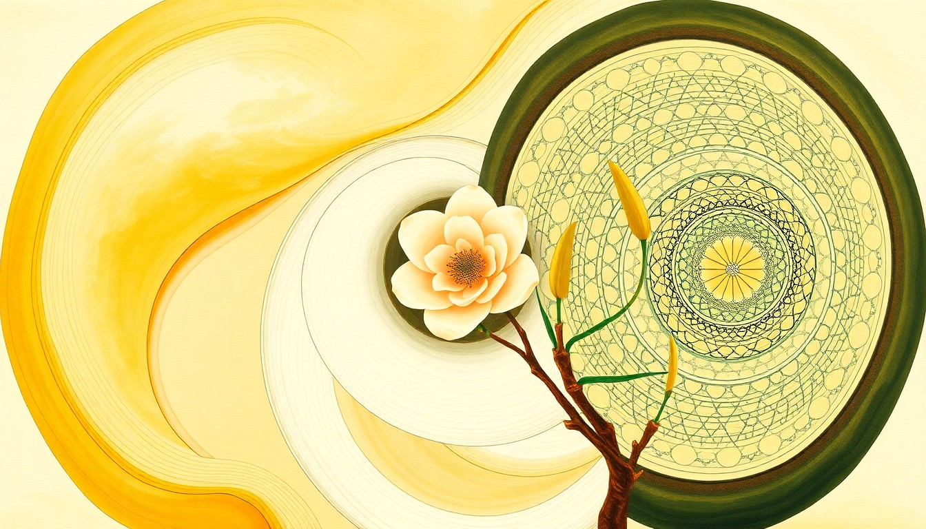A bold, abstract painting in warm earth tones depicting the intricate botanical structure and scientific hybridization of the Elizabeth Magnolia tree, with sweeping geometric arcs, concentric floral circles, and precise botanical spirals conveying the natural order and beauty of this unique flowering tree.