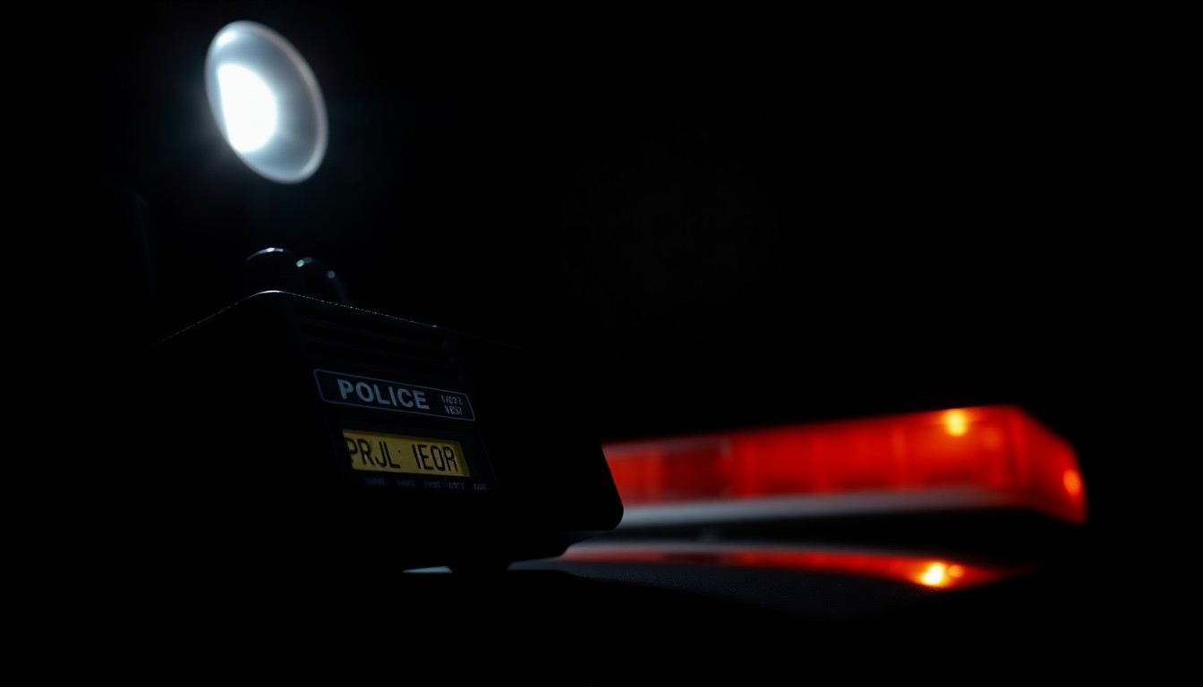 An extreme close-up photograph of a police siren light, lit by a harsh, direct camera flash against a pitch-black background, conceptually representing the urgent nature of emergency response.