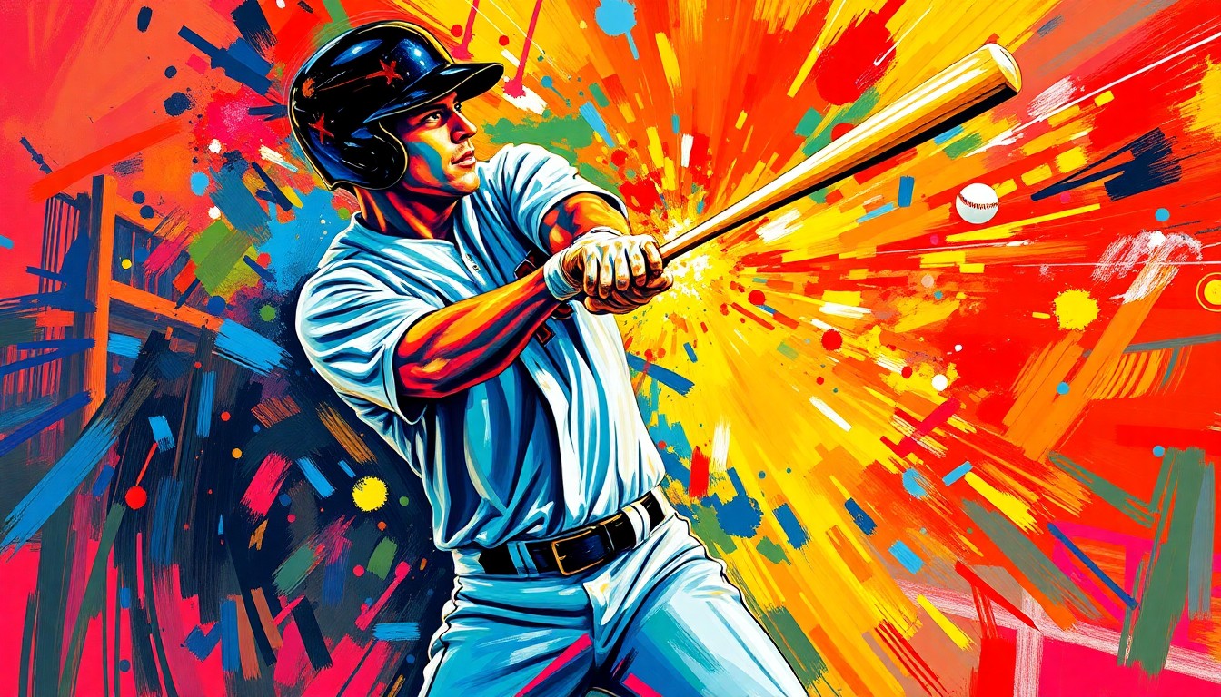 An extreme close-up of a baseball player's powerful swing, with the ball leaving the bat in a trail of neon light, conceptually illustrating the raw energy and drama of a historic home run.