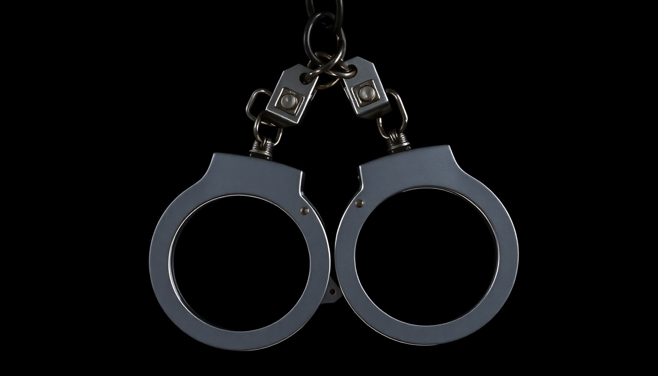 An extreme close-up photograph of a set of police handcuffs against a pitch-black background, lit by a harsh, direct camera flash, conceptually representing the apprehension of a suspect after a high-speed chase.