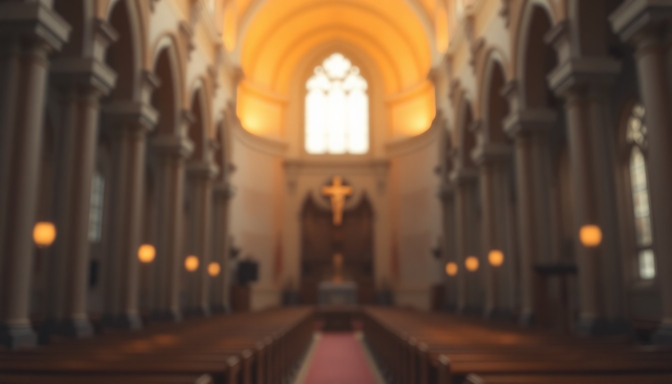 An extremely abstracted, out-of-focus photograph of a church interior, with soft pools of warm light and color creating a serene, contemplative mood.