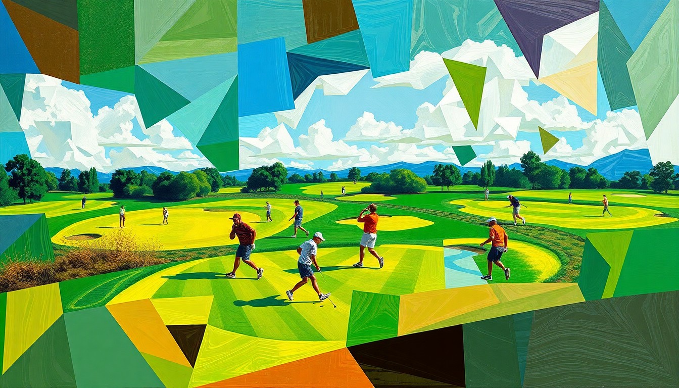 A fractured, geometric painting in the style of Pablo Picasso, depicting a middle school golf tournament with sharp, overlapping shapes in vibrant greens, blues, and browns, capturing the energy and movement of the players on the course.