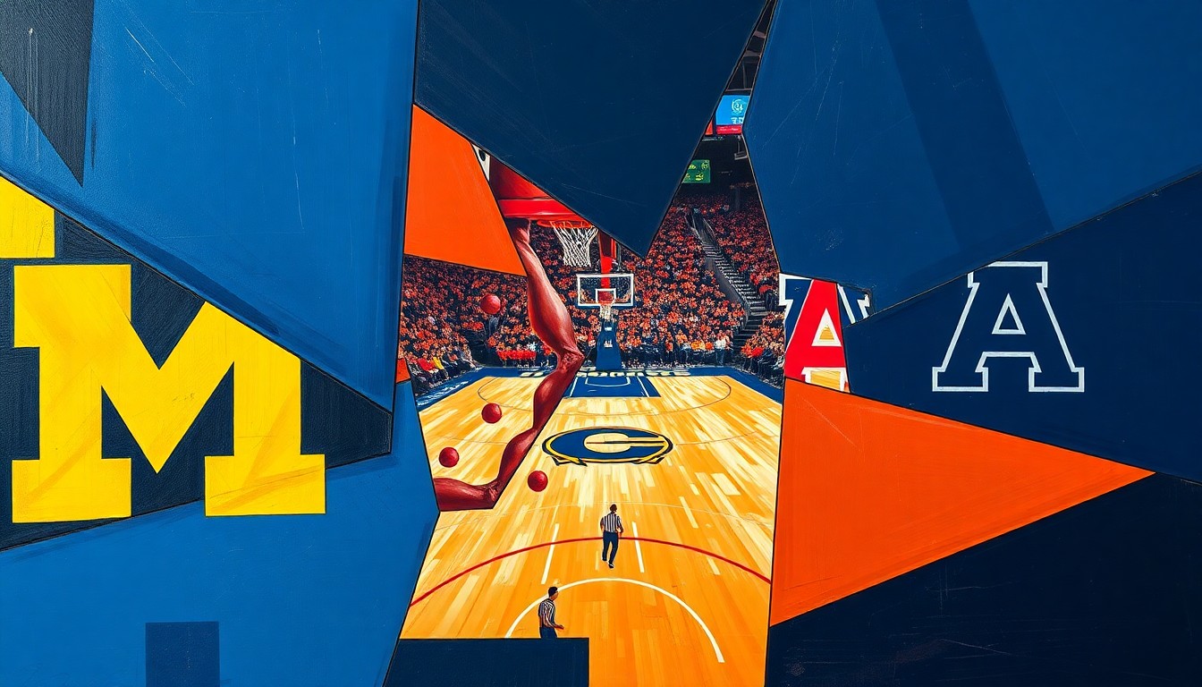 A cubist, geometric painting depicting a college basketball game in progress, with the players and court broken down into sharp, overlapping planes of color in shades of blue, maize, red, and navy blue.