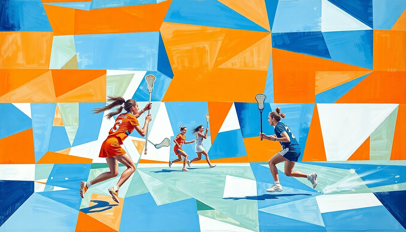 A fragmented, cubist-style painting depicting the dynamic action of a women's lacrosse game, with players and the field broken down into sharp, overlapping geometric shapes in shades of orange, blue, and white.
