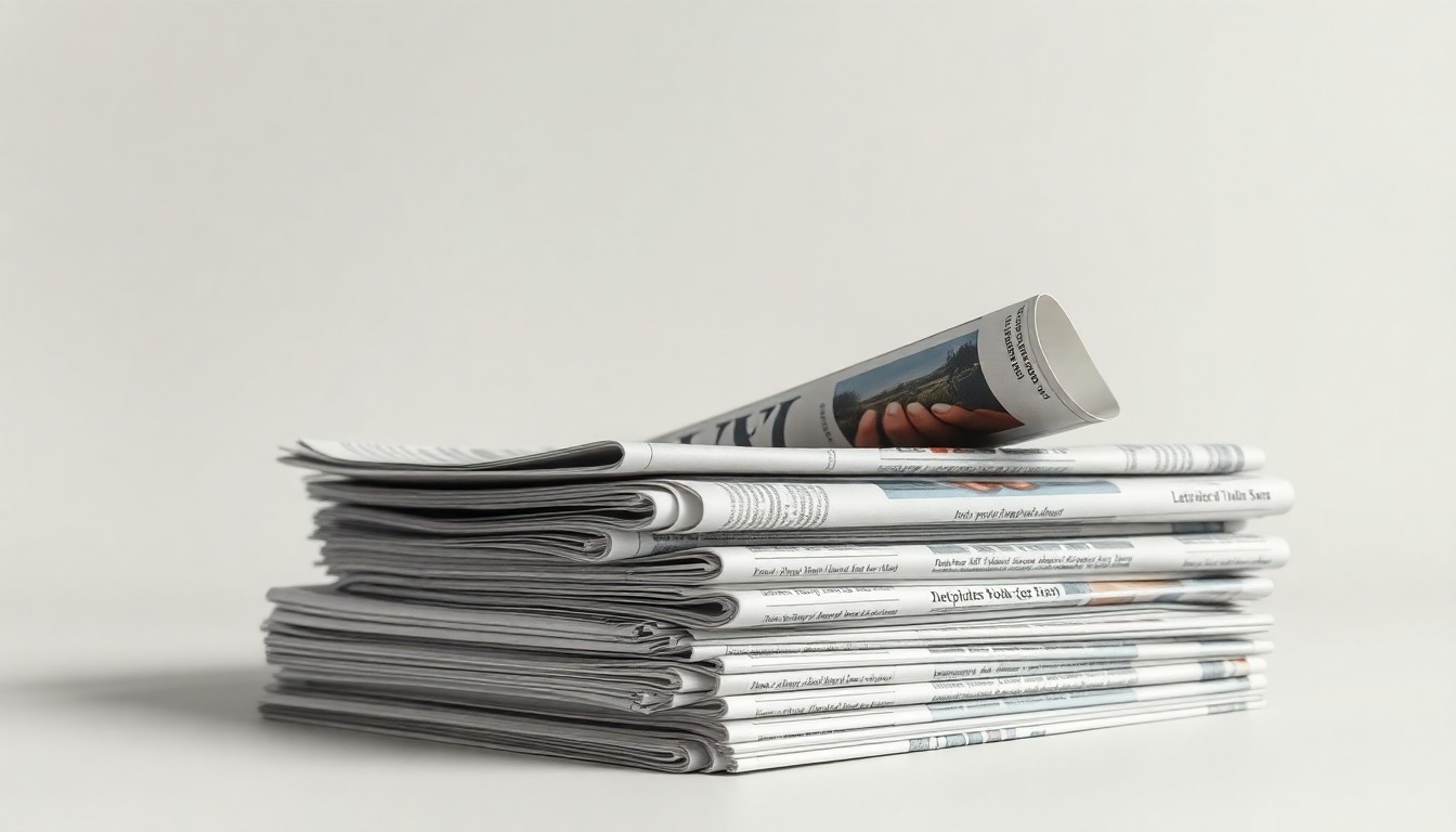 A minimalist studio still life photograph featuring a stack of newspapers in muted tones, conceptually representing the abstract corporate strategy and market dynamics behind the dispute between the two Las Vegas newspapers.