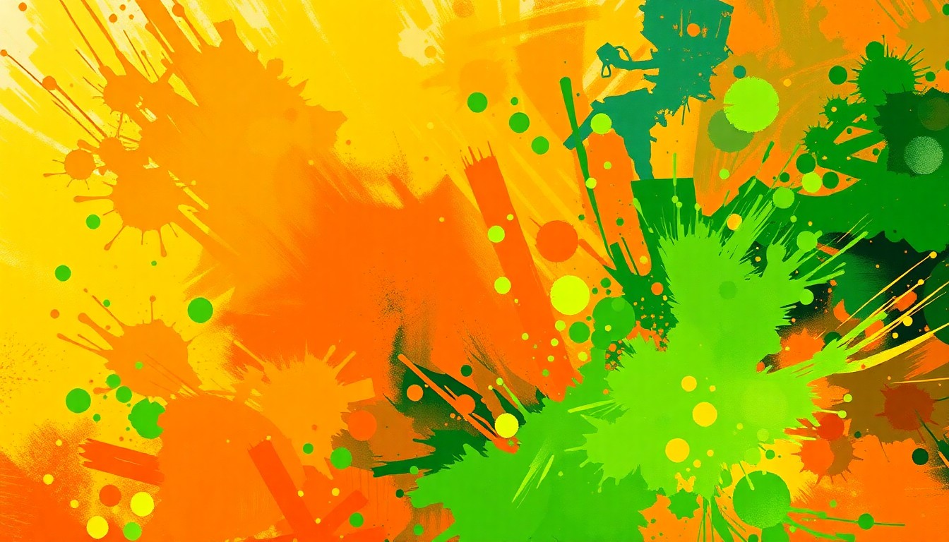 An abstract painting in warm earth tones and bright green, with dynamic brushstrokes and shapes that evoke the motion and excitement of high school sports.
