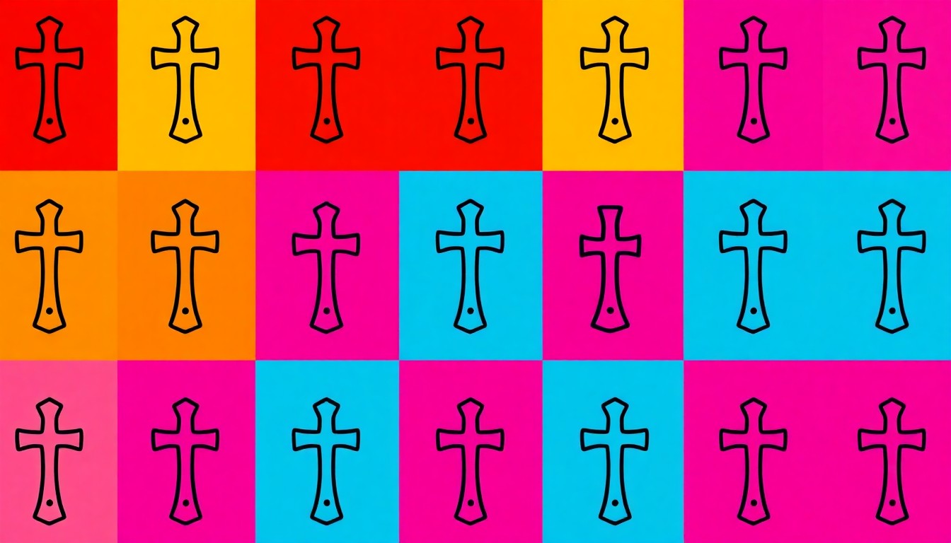 A grid of stylized, neon-colored religious icons rendered in a high-contrast, silkscreen pop art style, conceptually representing the themes of community, faith, and nonviolence.