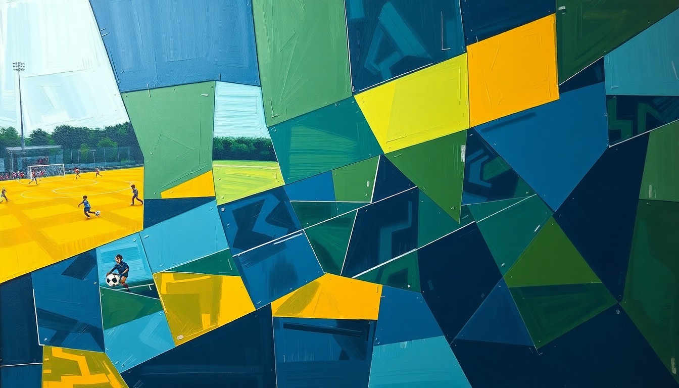 A cubist, geometric painting depicting a high school sports competition, with overlapping planes of navy, green, and gold representing the dynamic action and energy of the event.