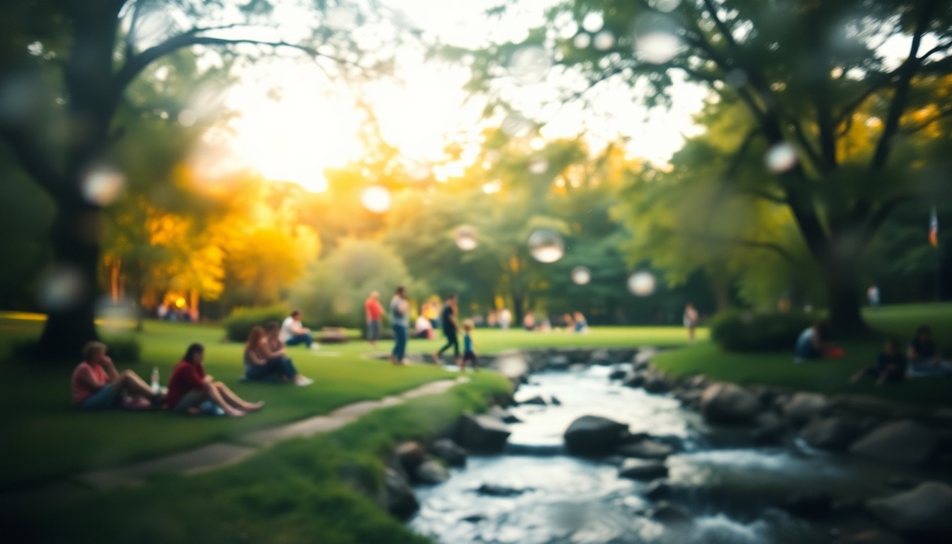 An impressionistic, out-of-focus scene of people enjoying the outdoors in a lush, green park setting, with the faint outline of a waterfall visible in the background, conveying a sense of tranquility and nostalgia.