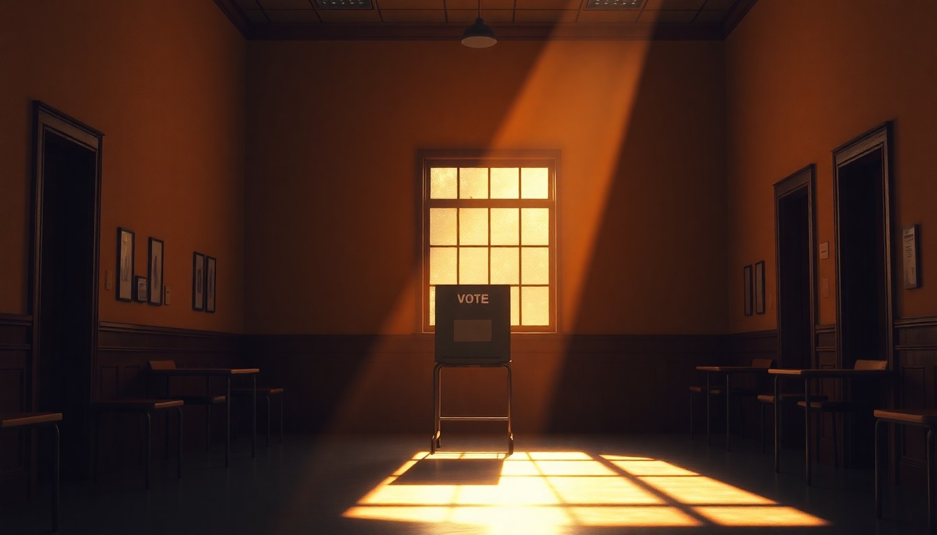 A dimly lit, empty government office space with a solitary voting booth, the scene bathed in warm, diagonal sunlight and deep shadows, conceptually representing the quiet contemplation of the electoral process.
