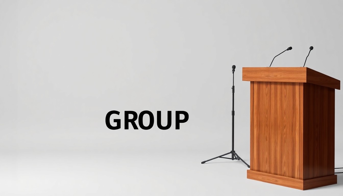 A minimalist, high-end studio still life featuring a polished wooden podium, a microphone, and a nametag on a clean, monochromatic background, conceptually representing the networking and community-building aspects of the 100GROUP Michigan Bash.