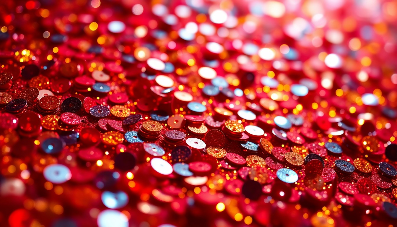 An extreme close-up photograph of shimmering, glittering sequins in a vibrant color palette, capturing the glamour and energy of a live music performance.
