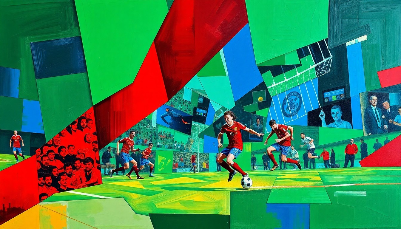 A fragmented, geometric painting depicting the dynamic movements and competing forces of a soccer match, rendered in a bold, angular cubist style.