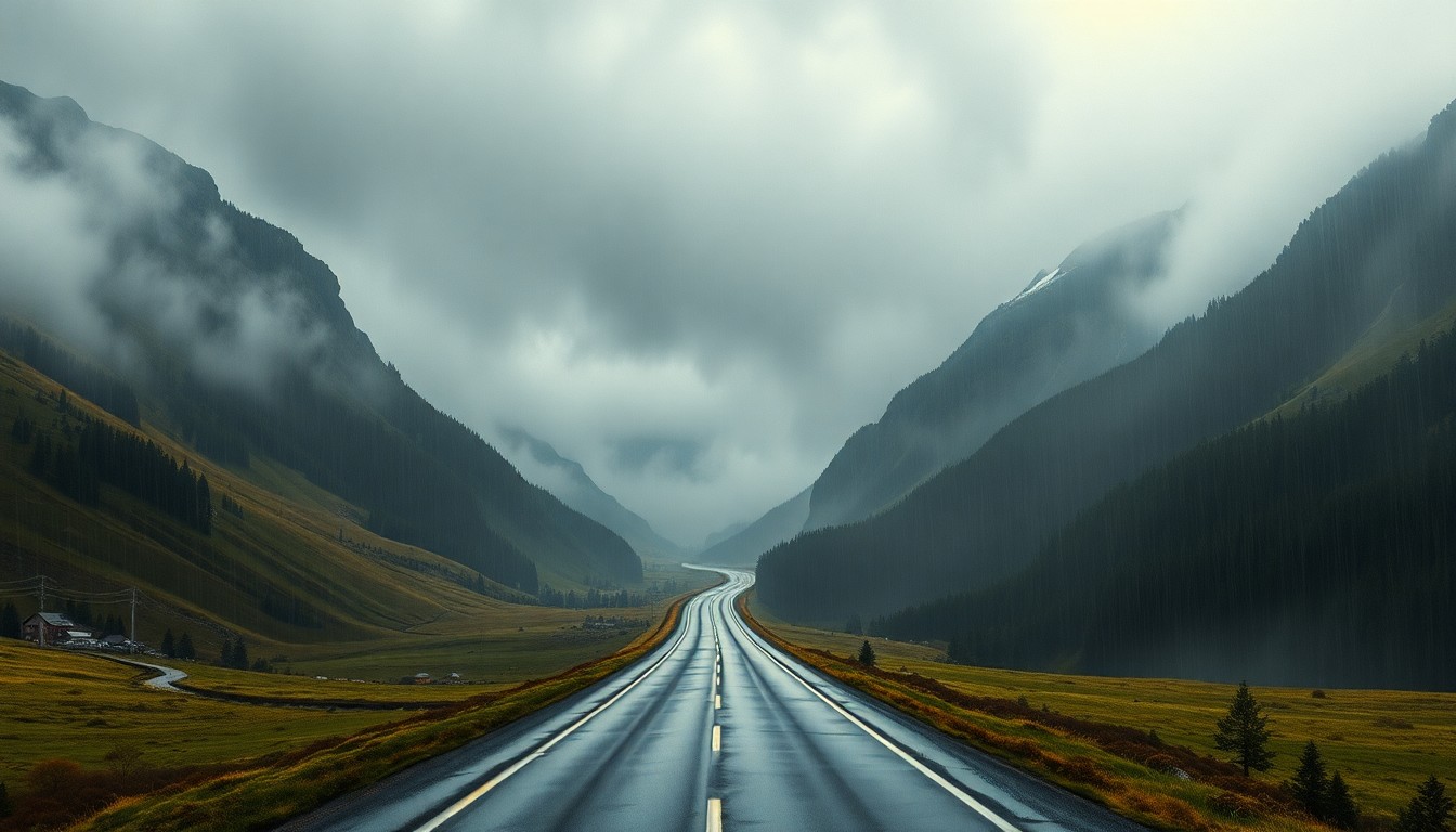 A sweeping, atmospheric landscape painting in muted tones of gray, blue, and green, with a winding road barely visible through the heavy rain and fog, conveying the overwhelming power of nature and the vulnerability of vehicles on the highway.