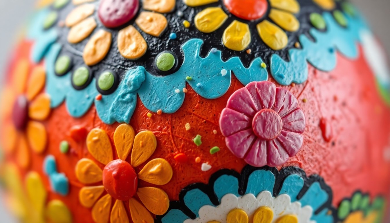An extreme close-up photograph of a colorfully decorated Easter egg, with the shell's intricate patterns and textures filling the frame and creating an intimate, artistic representation of the community's creative spirit.