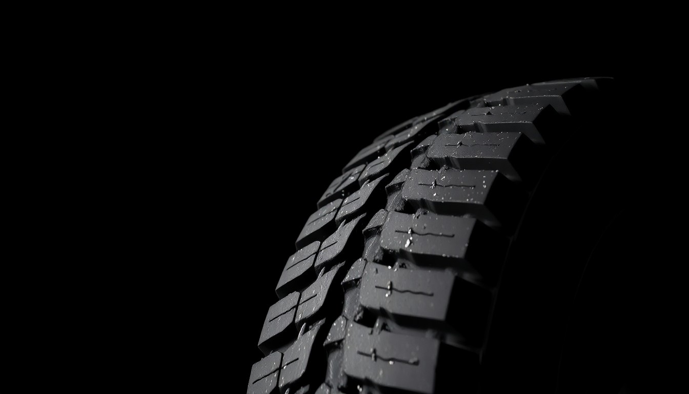 An extreme close-up of a heavily damaged semi-truck tire tread, the texture and details of the rubber visible against a stark black background, conceptually illustrating the aftermath of a commercial vehicle accident.