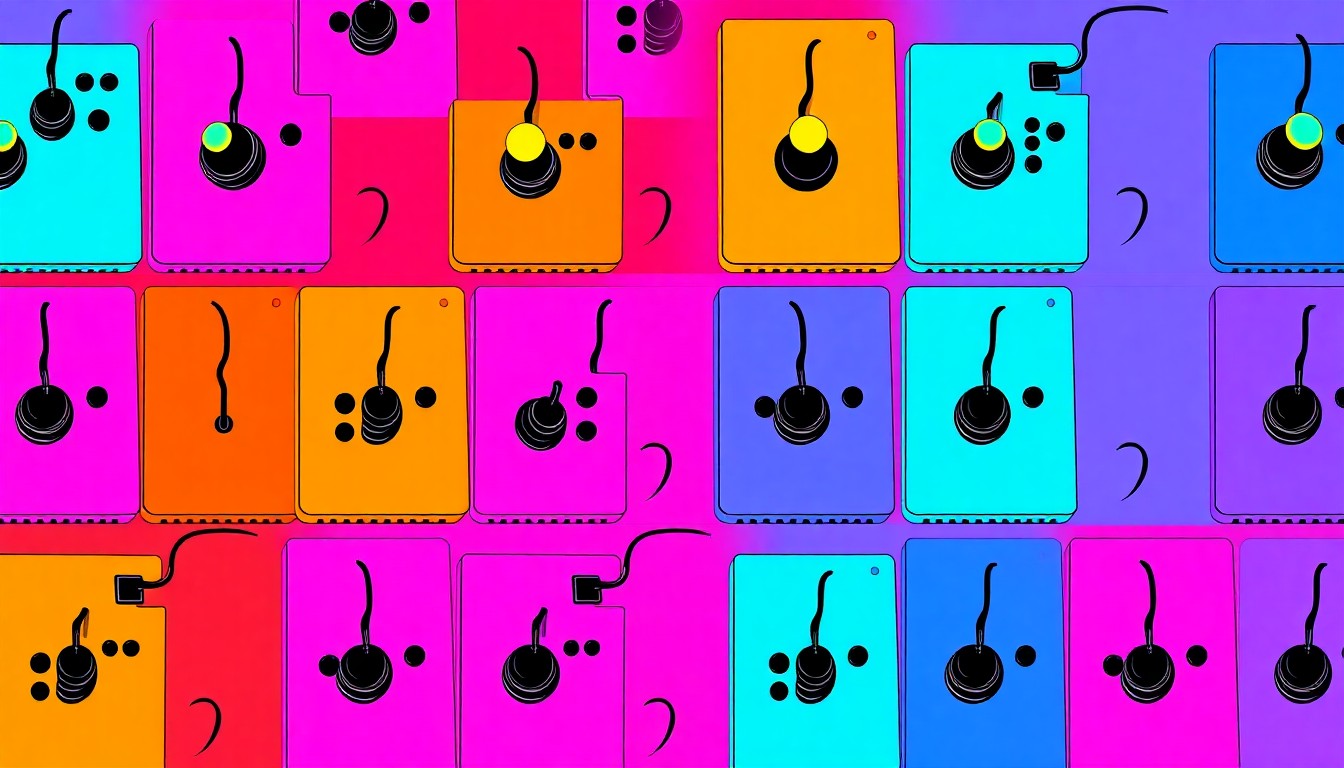 A visually striking, abstract illustration composed of a repeating pattern of a classic arcade game joystick or controller, rendered in a bold, high-contrast silkscreen style with vibrant neon colors and heavy black outlines, capturing the energy and iconic imagery of the Phoenix arcade scene.