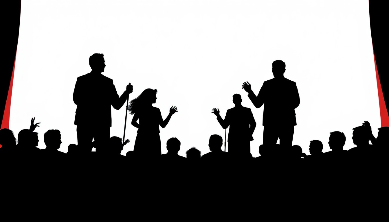 A minimalist, abstract illustration featuring bold black silhouettes and high-contrast solid colors like red and white, conceptually representing the excitement and energy of a news quiz contest and a theater performance.