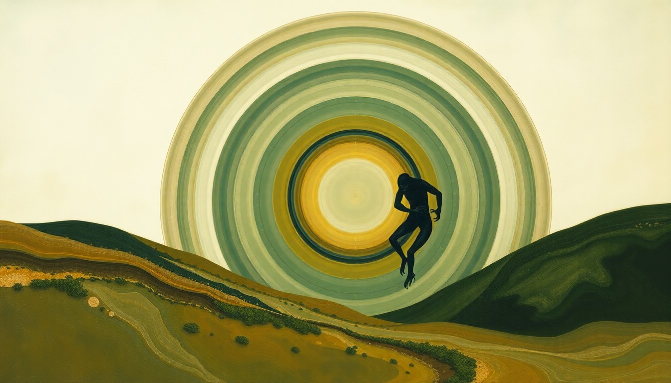 An abstract, geometric painting in muted earth tones depicting sweeping arcs, concentric circles, and precise botanical spirals, representing the natural landscape and the elusive presence of an unidentified bipedal creature.