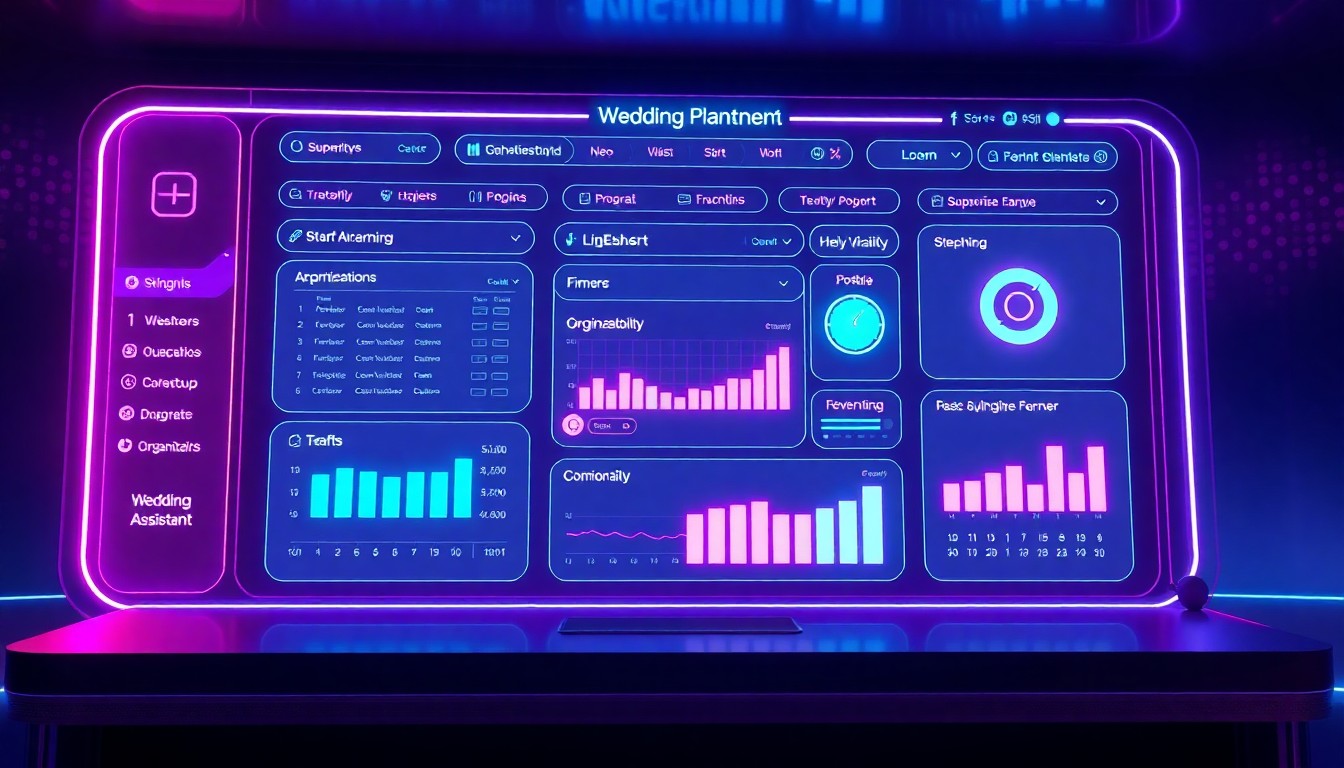 A highly detailed 3D illustration of a glowing, futuristic wedding planning dashboard interface, with various digital widgets and controls representing the different organizational tools of the aiSLE Assistant. The dashboard is illuminated by neon cyan and magenta lights, creating a sense of high-tech, cybernetic energy.