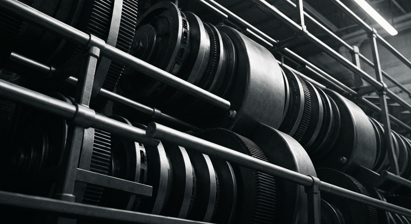 An extreme close-up of heavy, intricately detailed banking machinery and financial infrastructure, rendered in a high-contrast, industrial style that conveys a sense of power and complexity in the world of real estate tax planning.