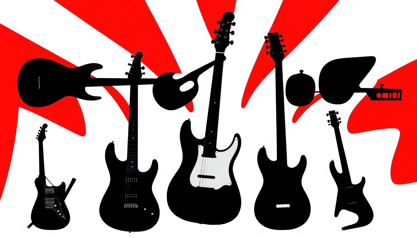 A conceptual illustration featuring bold, abstract shapes in red and white representing musical instruments, capturing the energy and excitement of the Coachella festival.