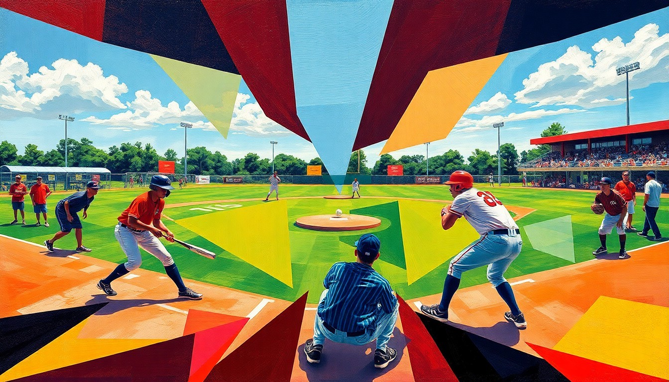 A fragmented, geometric painting depicting a high school softball game, with the players, field, and equipment broken down into abstract shapes and planes of vibrant colors.