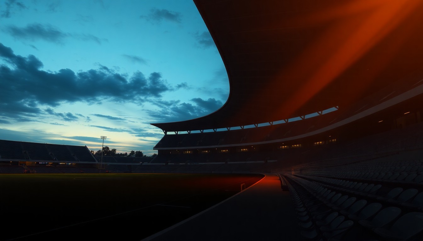 A serene, painterly image of an empty football stadium at dusk, with warm light and deep shadows creating a contemplative, nostalgic mood.