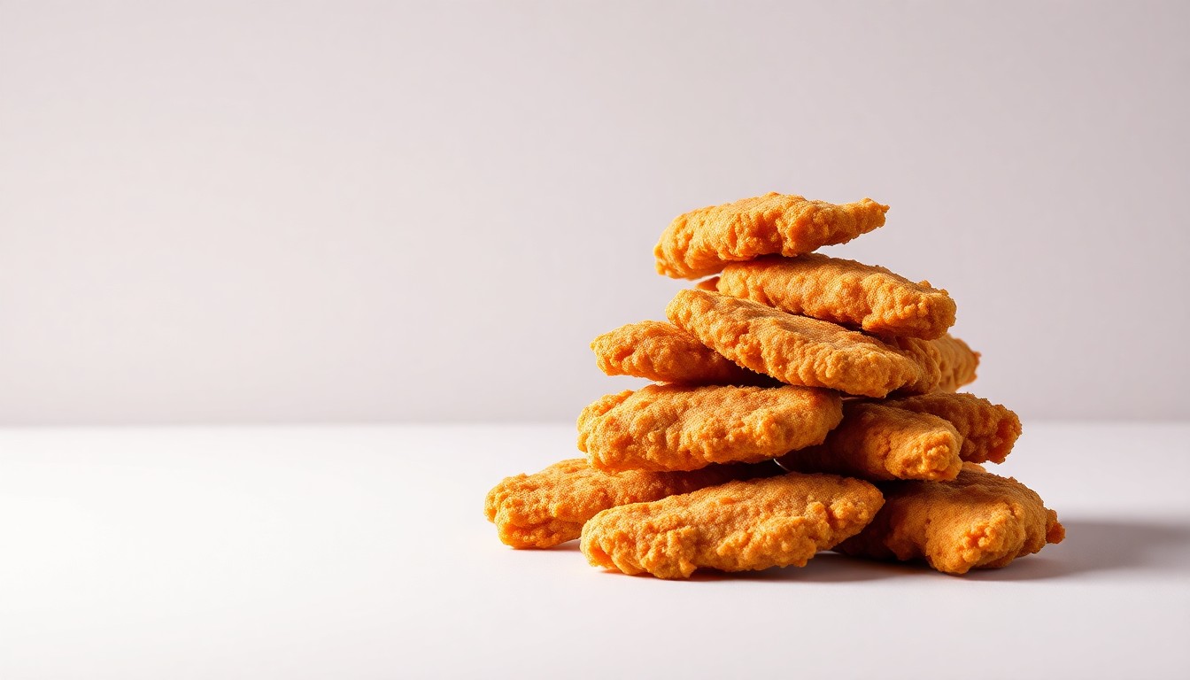 A high-end, photorealistic studio still-life photograph featuring a stack of crisp, golden-brown fried chicken tenders arranged elegantly on a clean, monochromatic background, conceptually representing the premium quality and craftsmanship of the Chick-fil-A brand.