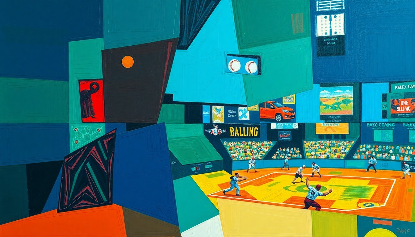 A cubist, geometric painting depicting a baseball game or action, with sharp, overlapping planes in vibrant colors like navy, emerald, and crimson, capturing the dynamic transition happening in the Mariners' infield.