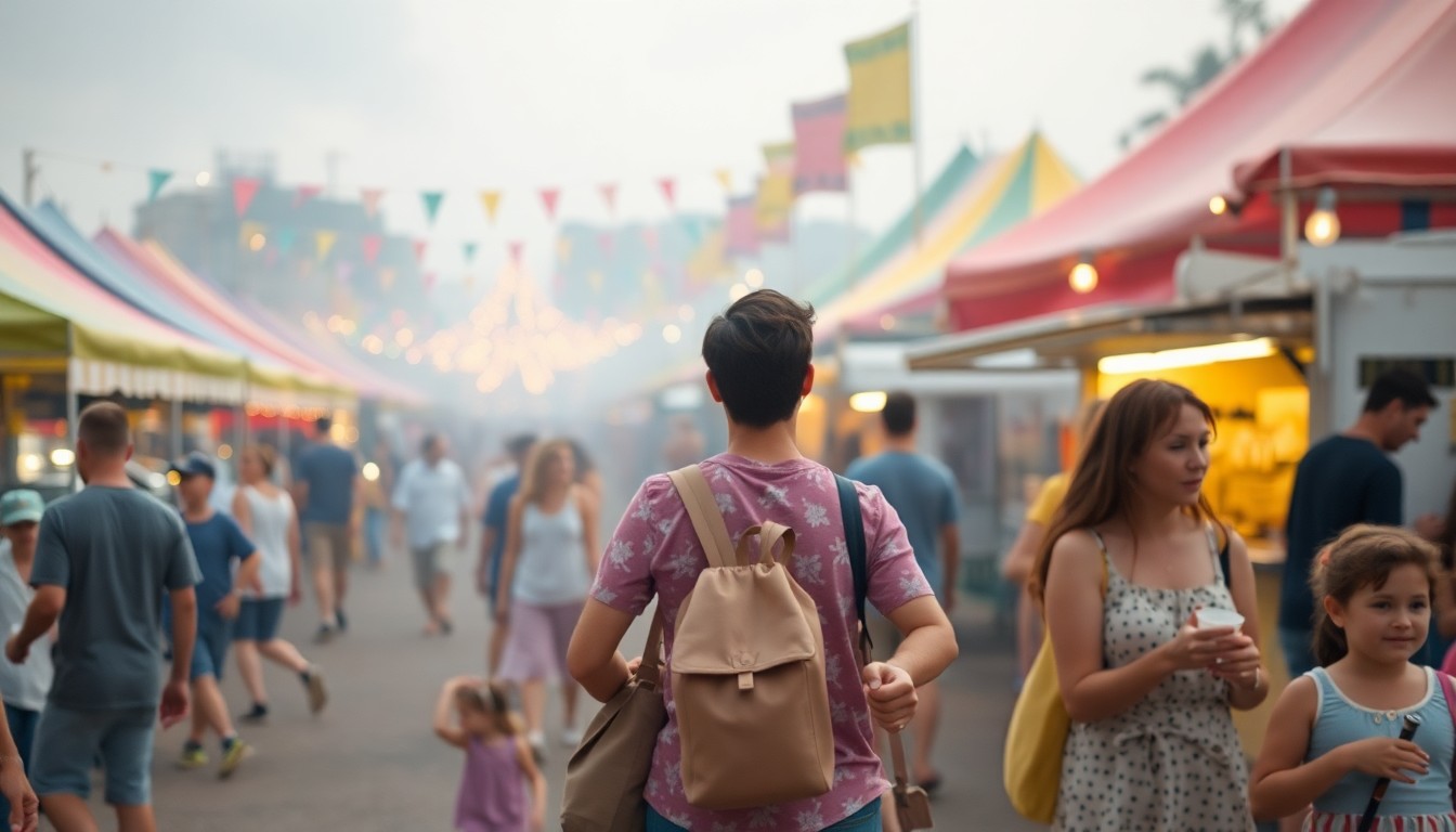 An impressionistic, out-of-focus scene of an outdoor festival, with blurred figures, colorful tents, and a sense of lively energy and celebration.