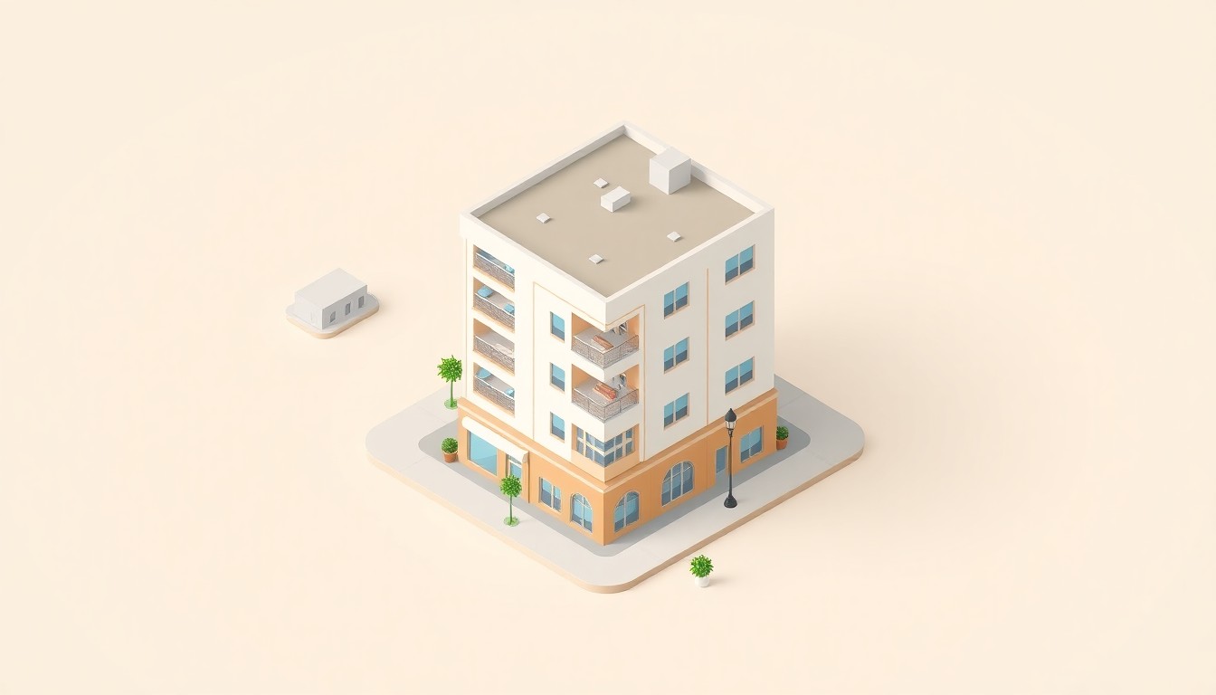 A minimalist, isometric 3D digital illustration depicting a stylized four-story affordable housing building with clean lines and bold colors, surrounded by simple geometric shapes representing nearby businesses, roads, and natural elements, conceptually representing the new development's impact on the local community.