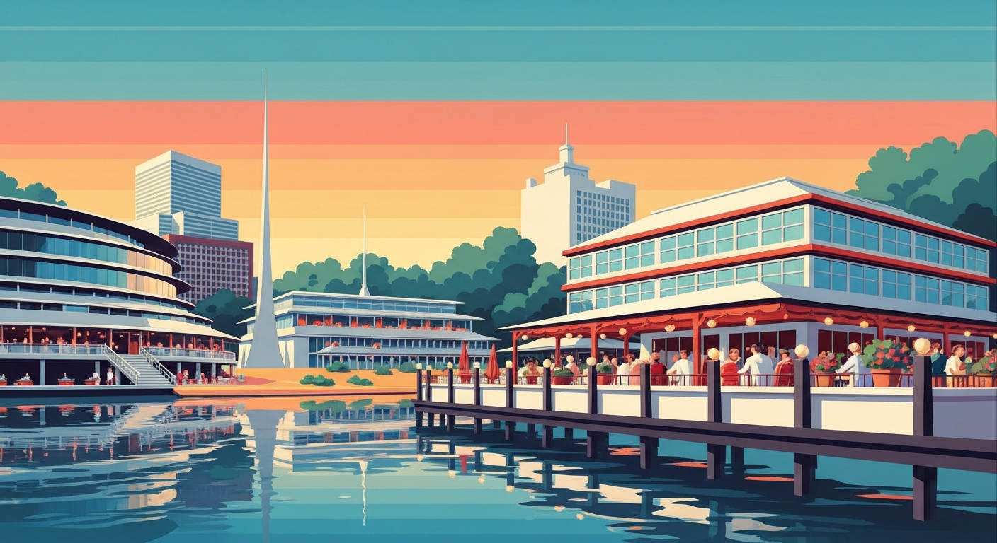 A bold, geometric illustration depicting the grand scale and sweeping perspectives of waterfront restaurants along lakes, rivers, and the Thousand Islands in upstate New York, capturing the romance and allure of dining by the water.