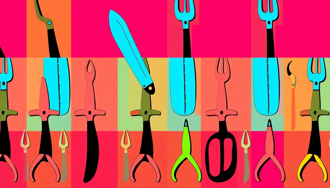 A high-contrast silkscreen print of a gardening trowel repeated in a grid pattern, rendered in bright neon colors and bold black outlines in the style of Andy Warhol's pop art.