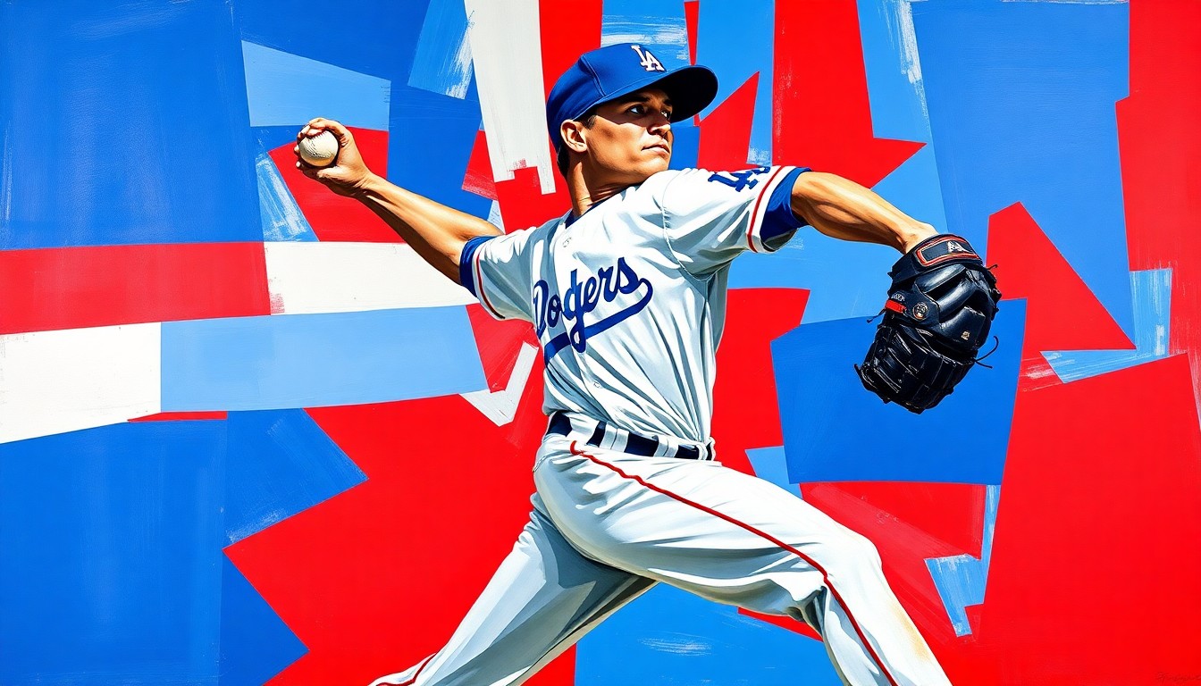 A cubist, geometric painting depicting a baseball pitcher's windup and delivery broken down into sharp, overlapping planes of vibrant blue and red colors, capturing the complexity and unpredictability of Sasaki's transition to the major leagues.