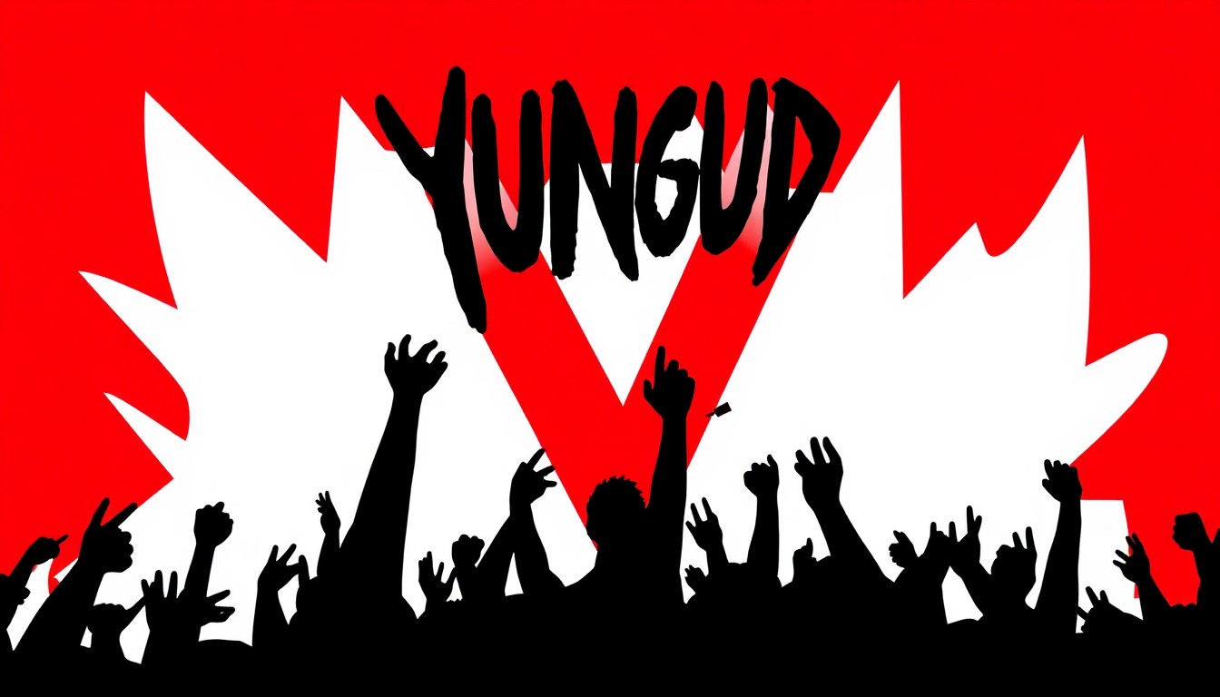 An abstract, minimalist illustration featuring sharp, angular black shapes against a striking red and white background, conveying the raw energy and rebellious spirit of a live music event.