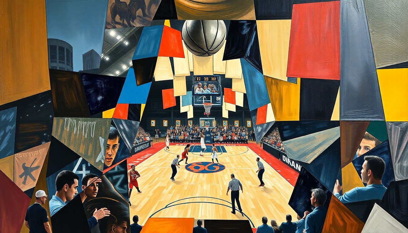 A cubist-style painting featuring overlapping geometric shapes and planes in shades of orange, blue, and green, conceptually representing the dynamics of a basketball game between two NBA teams.