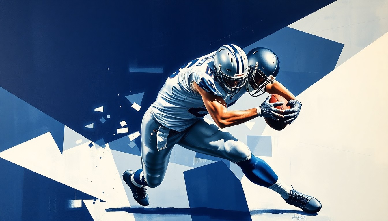 A fragmented, geometric painting depicting a football player in mid-tackle, with sharp, overlapping planes of navy blue, silver, and white, capturing the raw energy and movement of the sport.