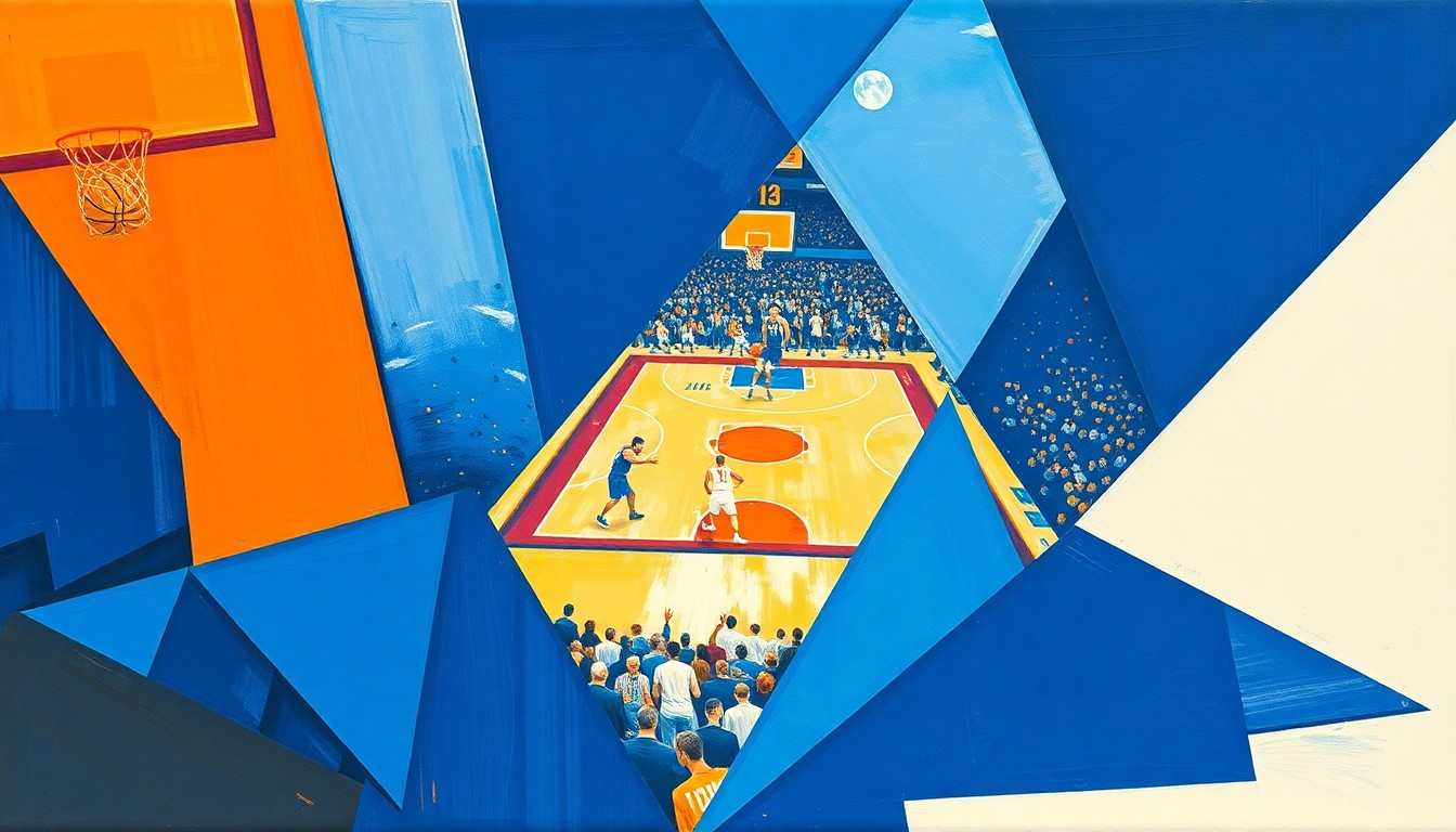 A fragmented, geometric painting depicting the motion and energy of a college basketball game, with sharp planes of blue, orange, and white paint overlapping to create a dynamic, abstract composition.