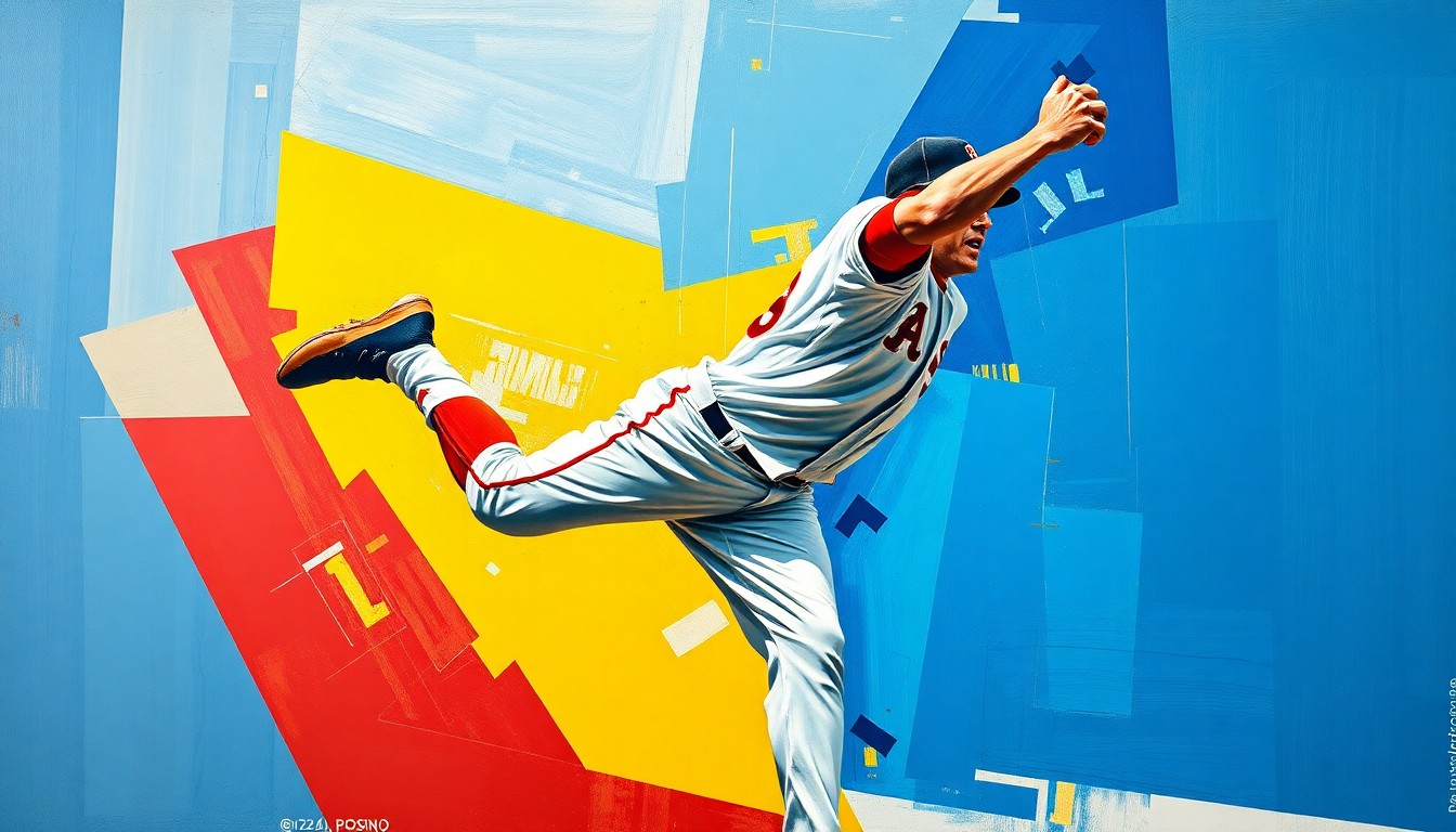 A cubist, geometric painting depicting a baseball shortstop in motion, with their body and movements fractured into sharp, overlapping planes of vibrant colors.